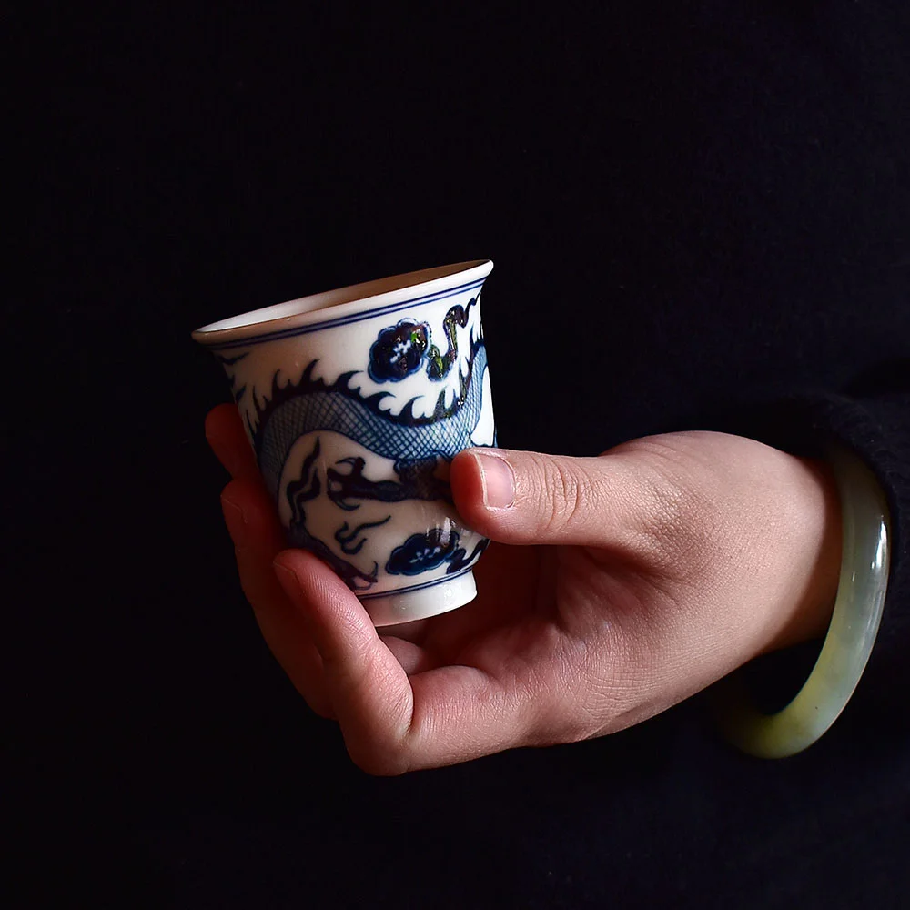 全手工手绘元青花龙纹品茗杯