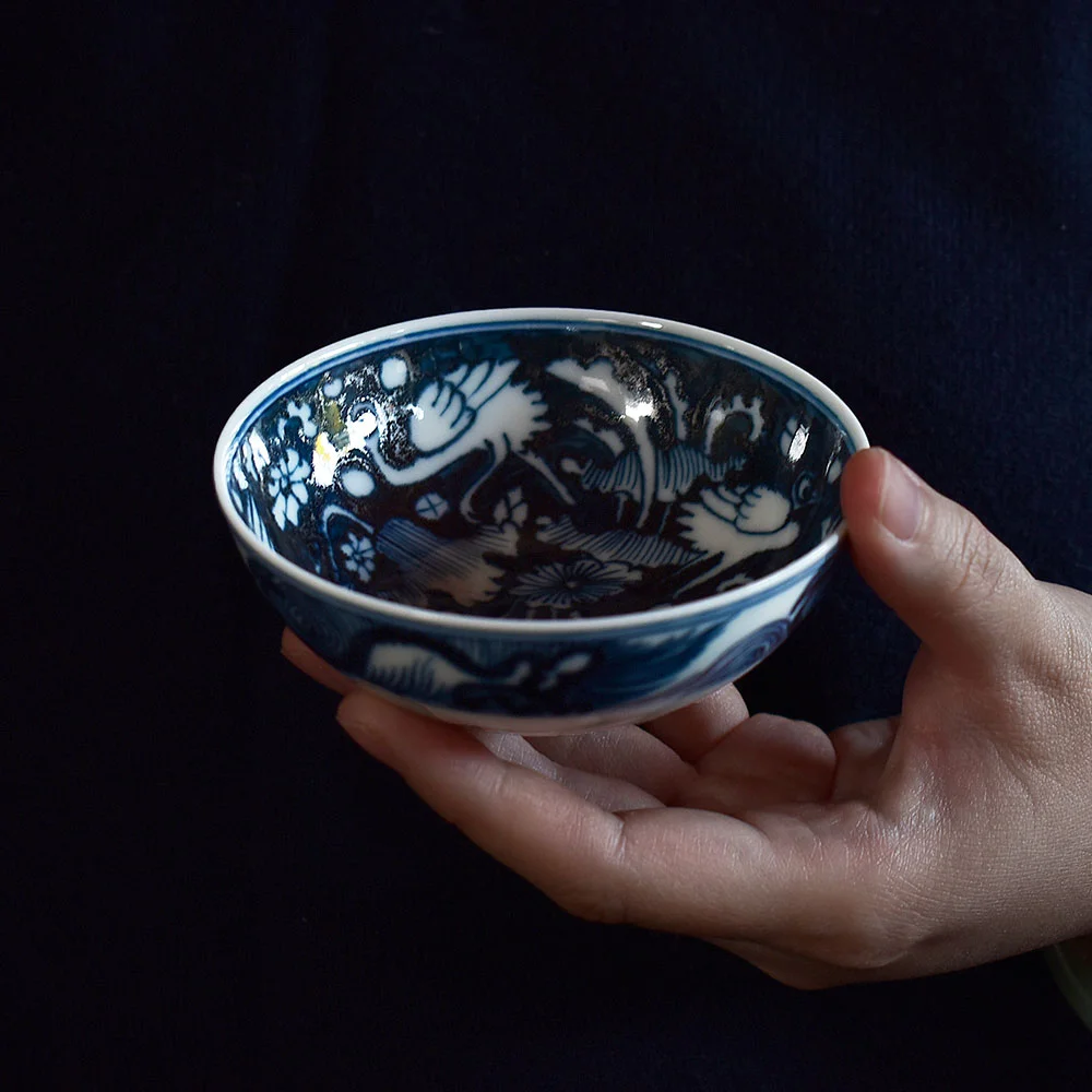 Hand painted Yuan Style Heron and Lotus Pu-erh Teacup