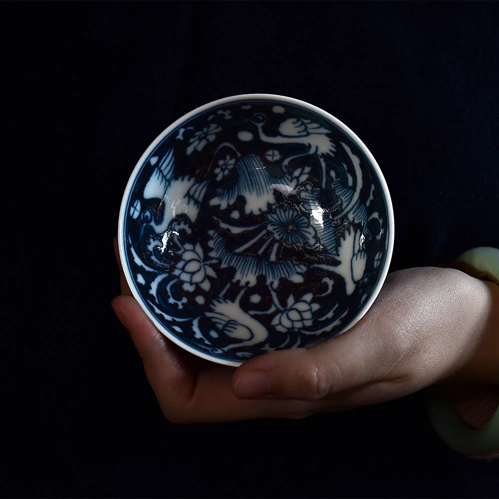Hand painted Yuan Style Heron and Lotus Pu-erh Teacup