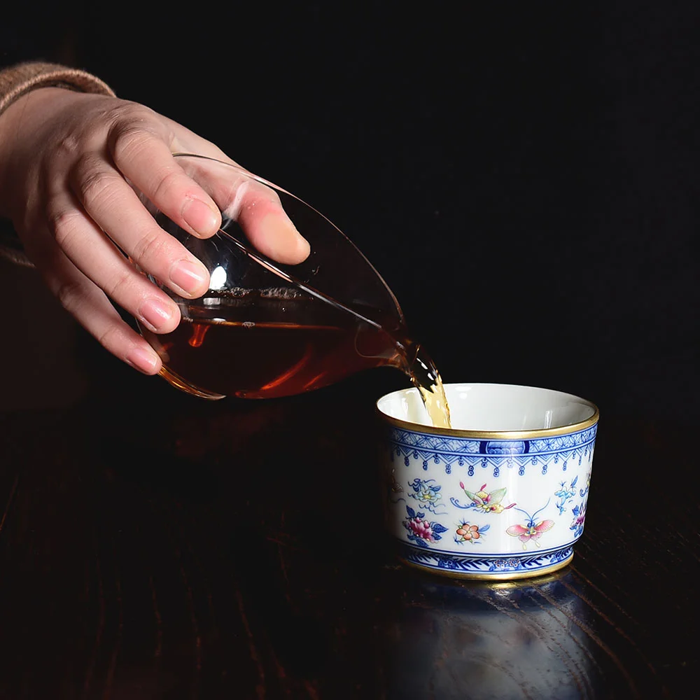 Hand Painted Golden Enamel Butterfly Loves Flower Master Tea Cup