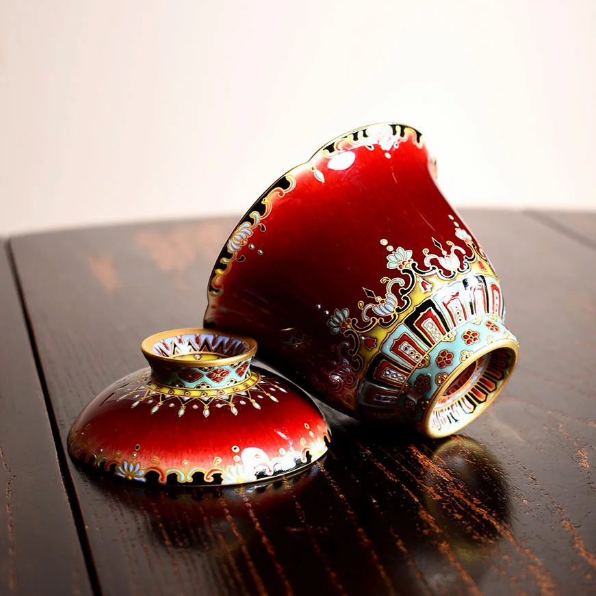 Hand Painted Lang Hong Enamel Dunhuang Gaiwan - Er Cai