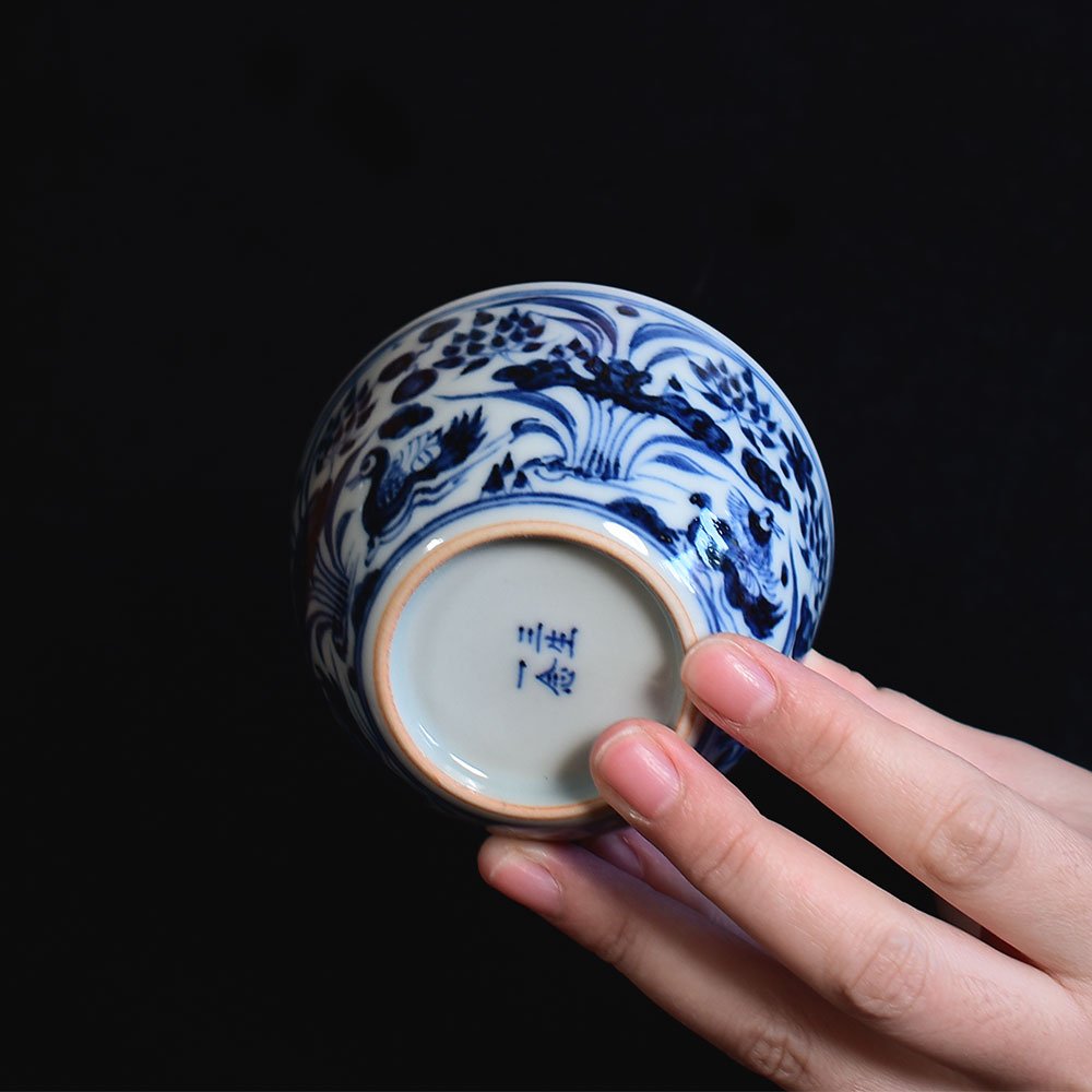Hand Painted Yuan Mandarin Ducks Playing in Water Master Tea Cup