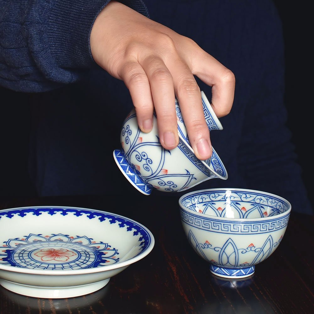 Hand Painted YuanBao Shaped Bao Xiang Gaiwan Set