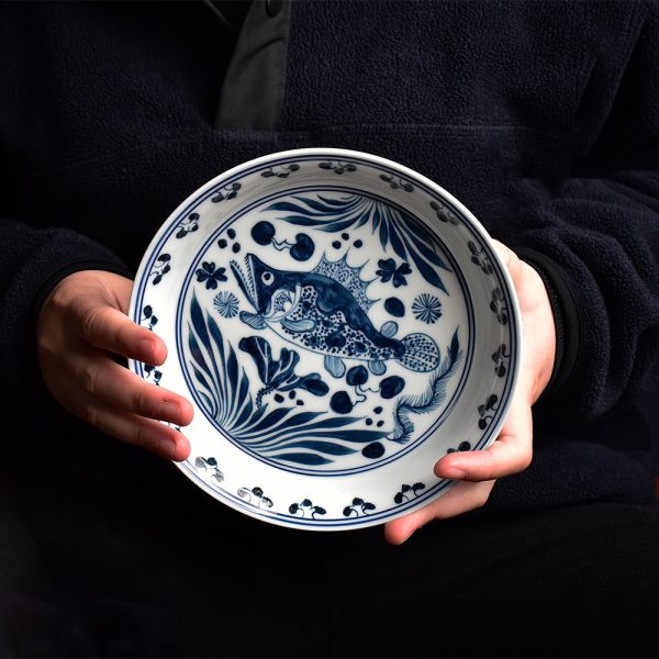 Hand-Painted Blue and White Fish & Waterweed Tea Tray