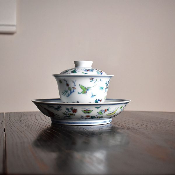 Doucai Floral and Butterfly Gaiwan with Saucer Set